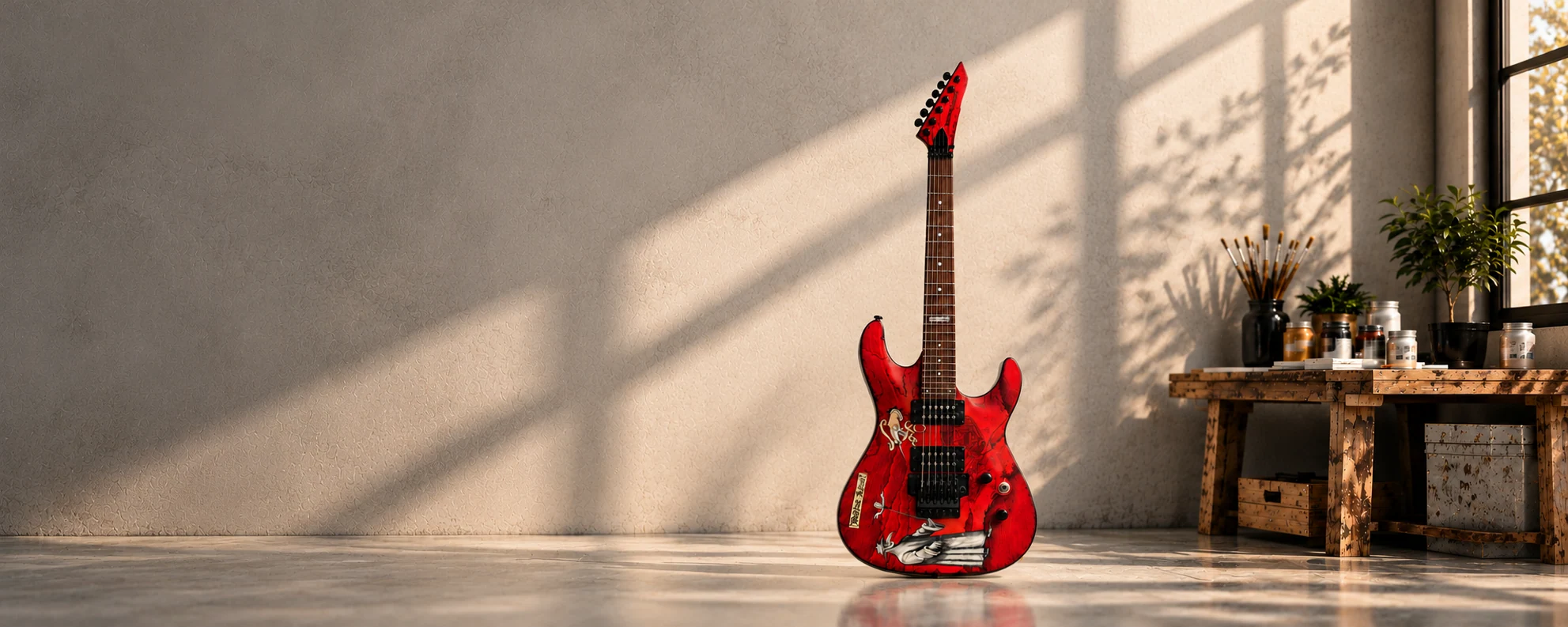 Dr. Schnabel — custom-painted red ESP LTD guitar in an industrial studio